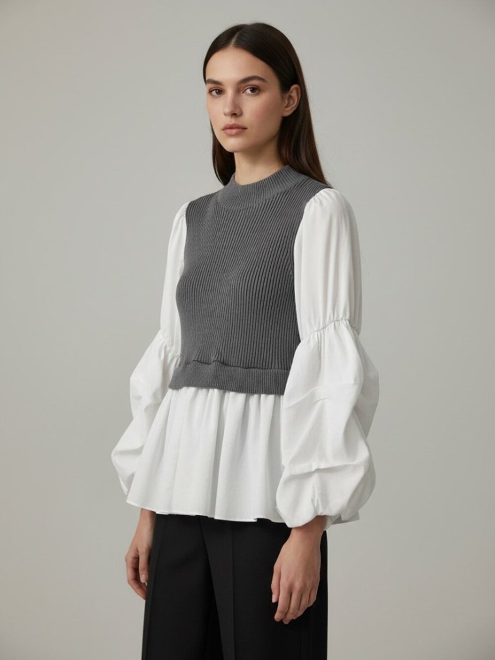 English Factory Gray Ribbed Knit White Poplin Puff Sleeve Layered Top Sz L